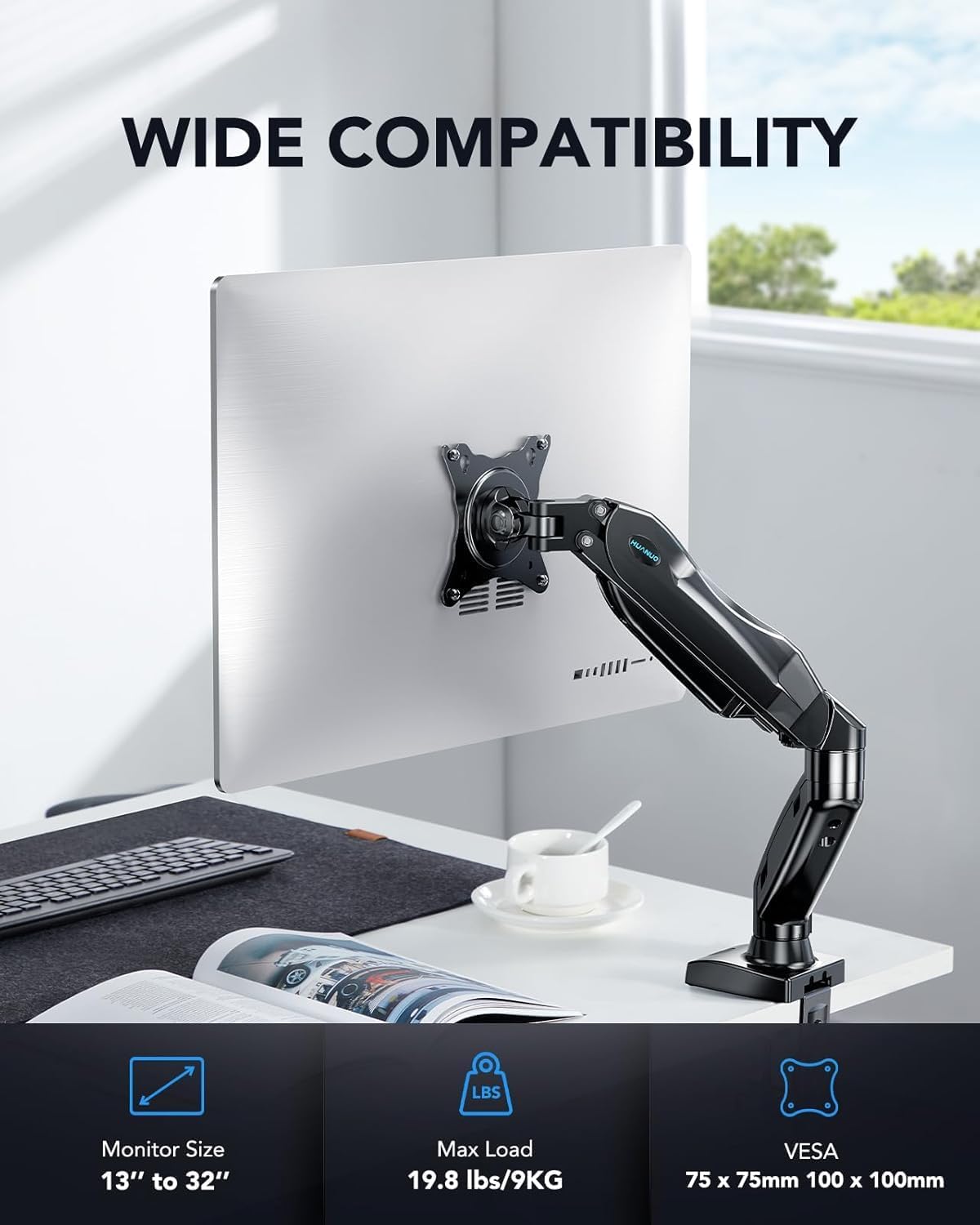 HUANUO Single Monitor Mount, 13 to 32 Inch Pneumatic Spring Monitor Arm, Adjustable Monitor Stand, Vesa Mount with Clamp and Grommet Base - Fits 4.4 to 19.8lbs LCD Computer Monitors