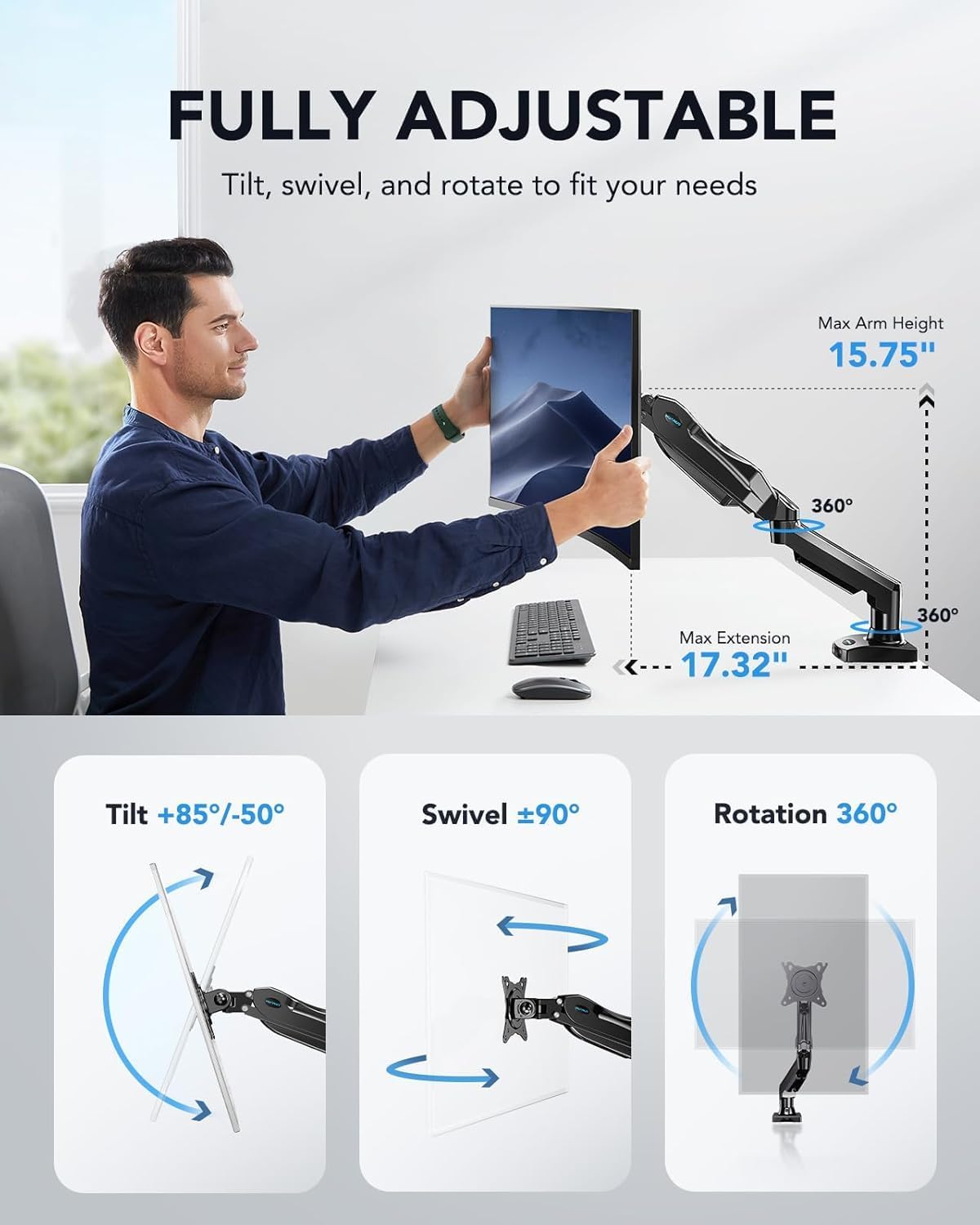 HUANUO Single Monitor Mount, 13 to 32 Inch Pneumatic Spring Monitor Arm, Adjustable Monitor Stand, Vesa Mount with Clamp and Grommet Base - Fits 4.4 to 19.8lbs LCD Computer Monitors
