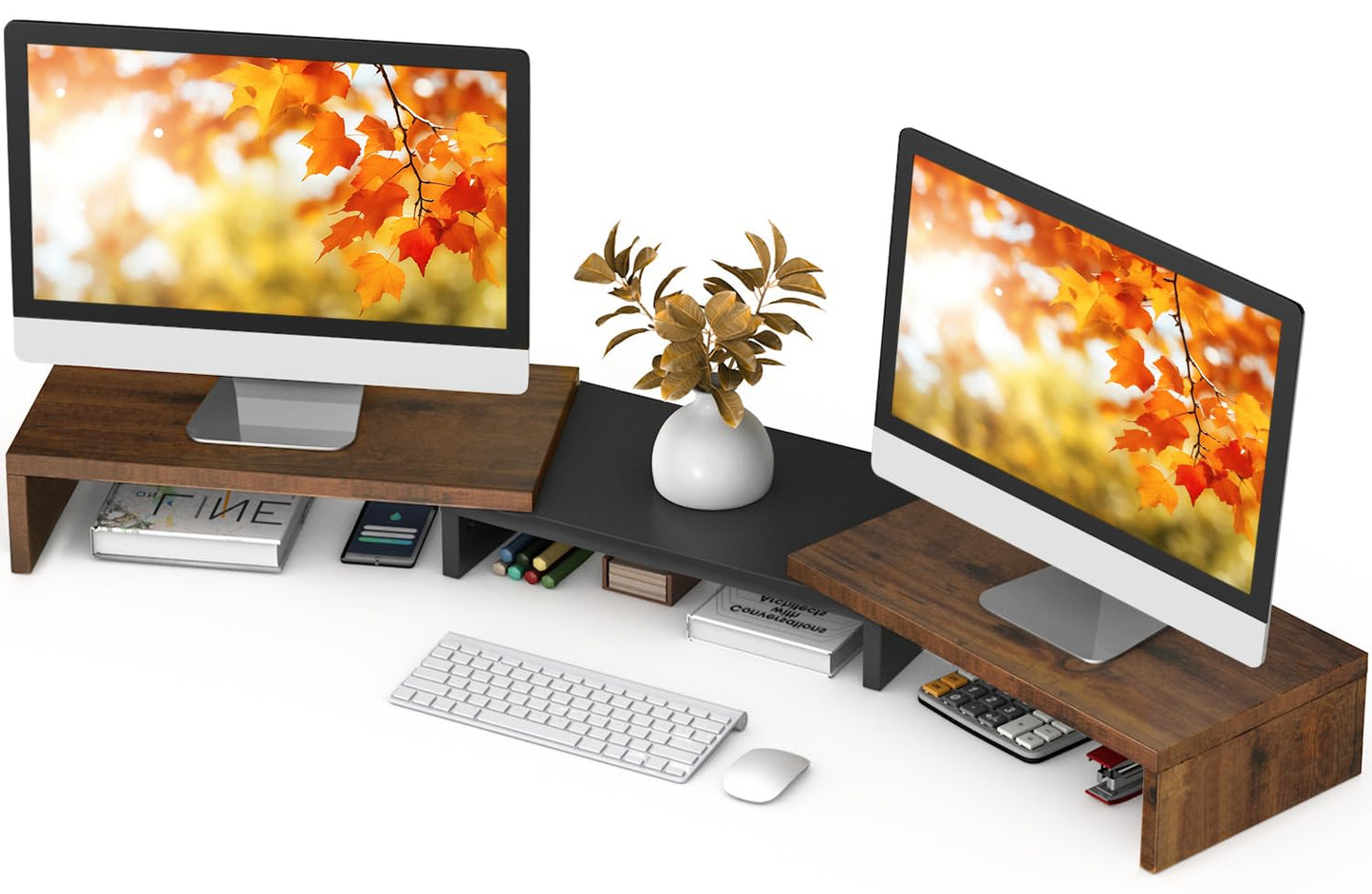 TAVR Dual Monitor Stand Riser Office Desktop Organizer Stand for 2 Monitors, Adjustable Length and Angle 3 Shelf, Extra Long Multifunctional Stand up to 43.3" fit Computer, Laptop, TV, Black