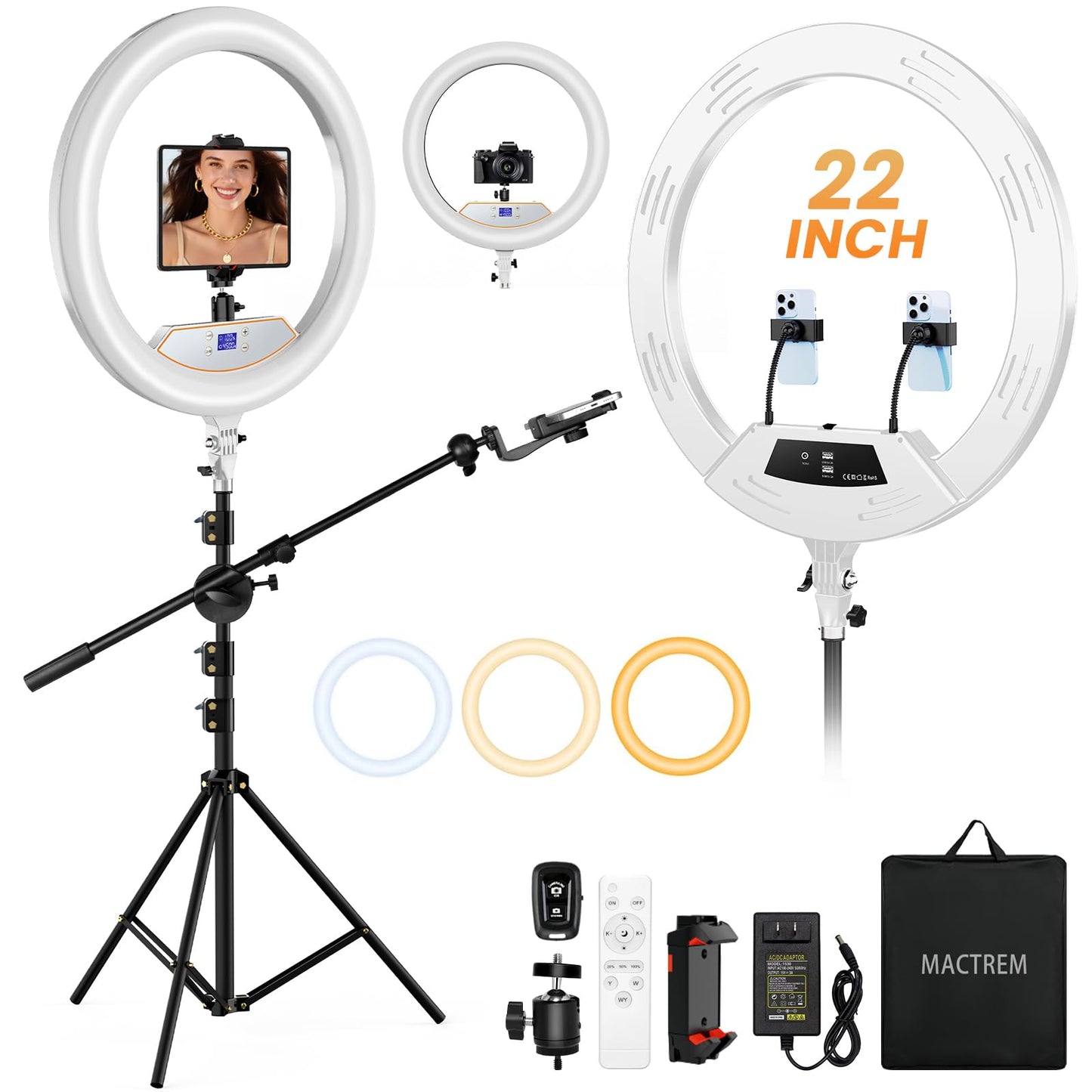18" Foldable Ring Light with Stand for iPhone ipad Camera, 75" Tripod with Wheels 38W 6500K LED Display/Remote/2 USB Ports Large Big Ringlight Rolling for YouTube Facebook TikTok Live Video Recording