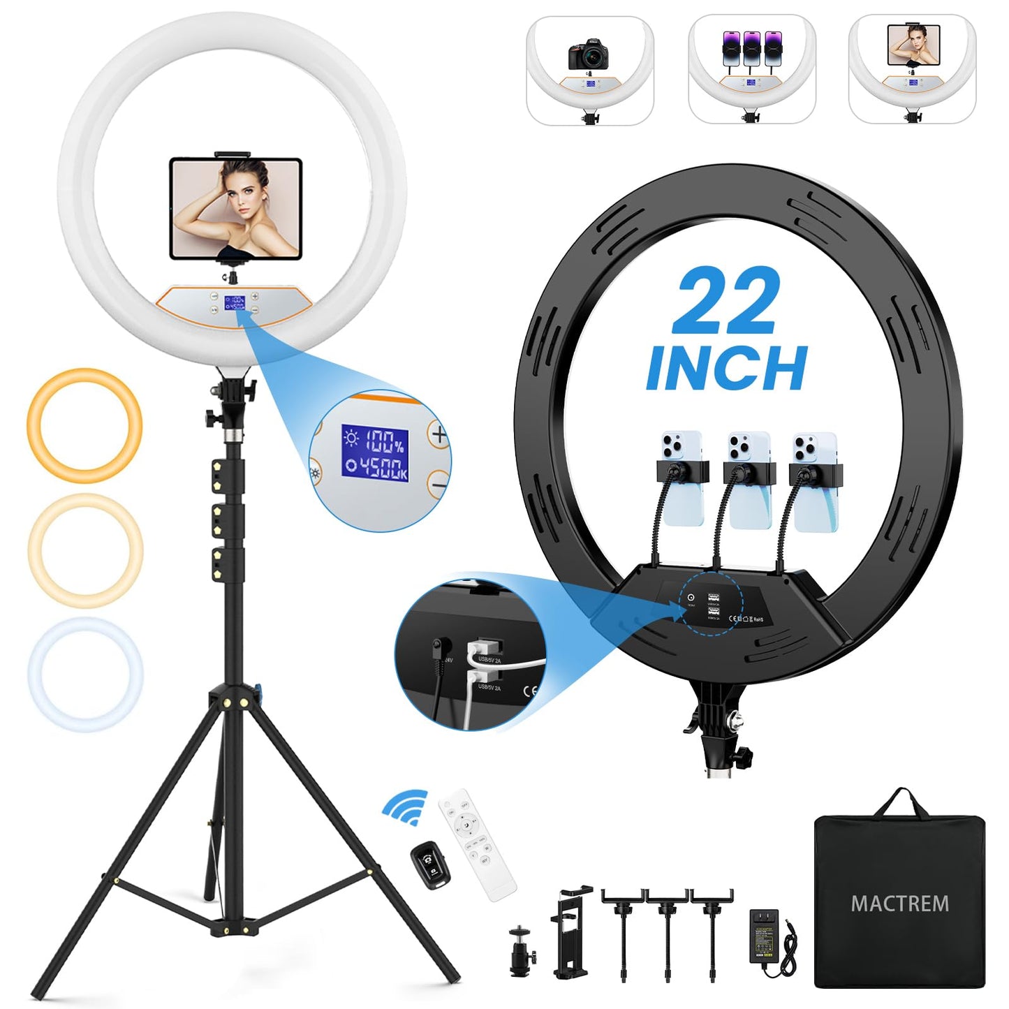 18" Foldable Ring Light with Stand for iPhone ipad Camera, 75" Tripod with Wheels 38W 6500K LED Display/Remote/2 USB Ports Large Big Ringlight Rolling for YouTube Facebook TikTok Live Video Recording