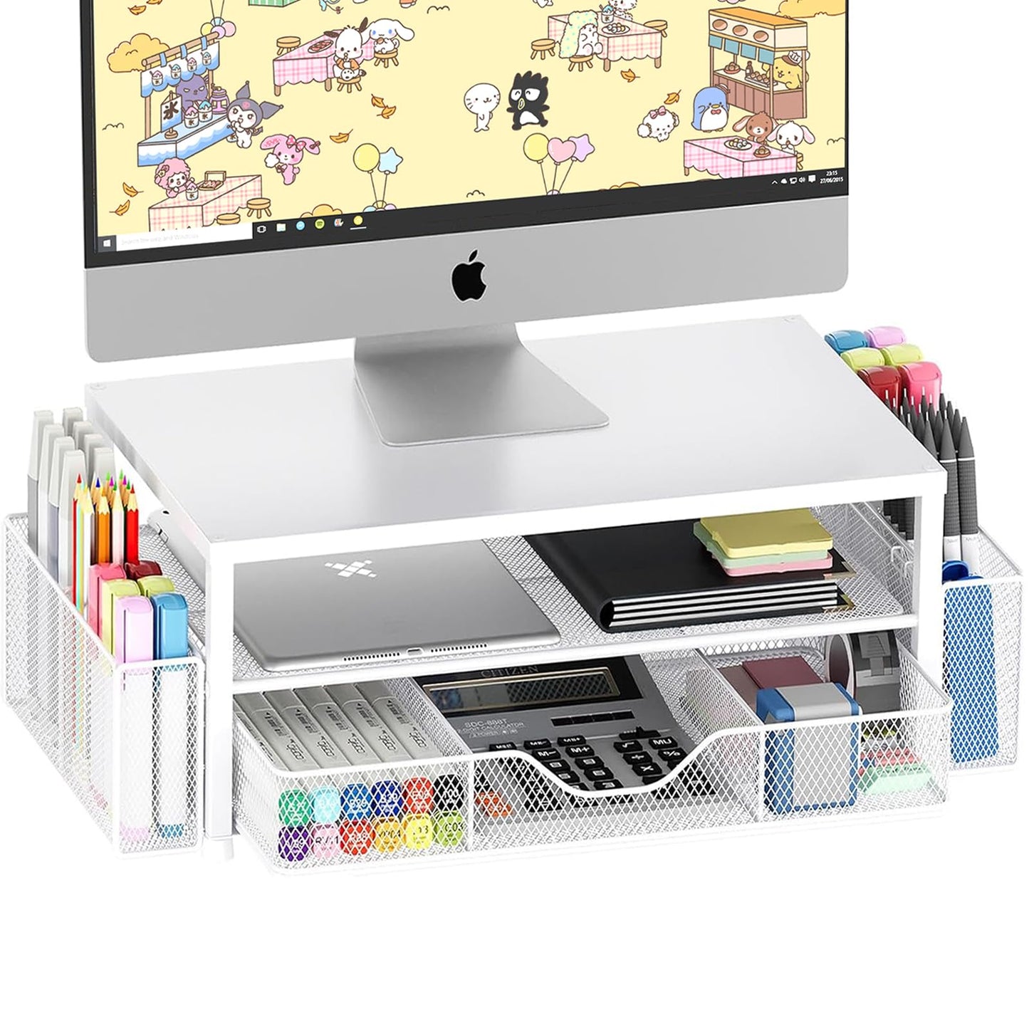 Desk Organizer and Accessories, 2-Tier Computer Monitor Stand Riser with Drawer and 2 Pen Holders, Laptop Stand, Office Desk Accessories for Office Supplies, Black