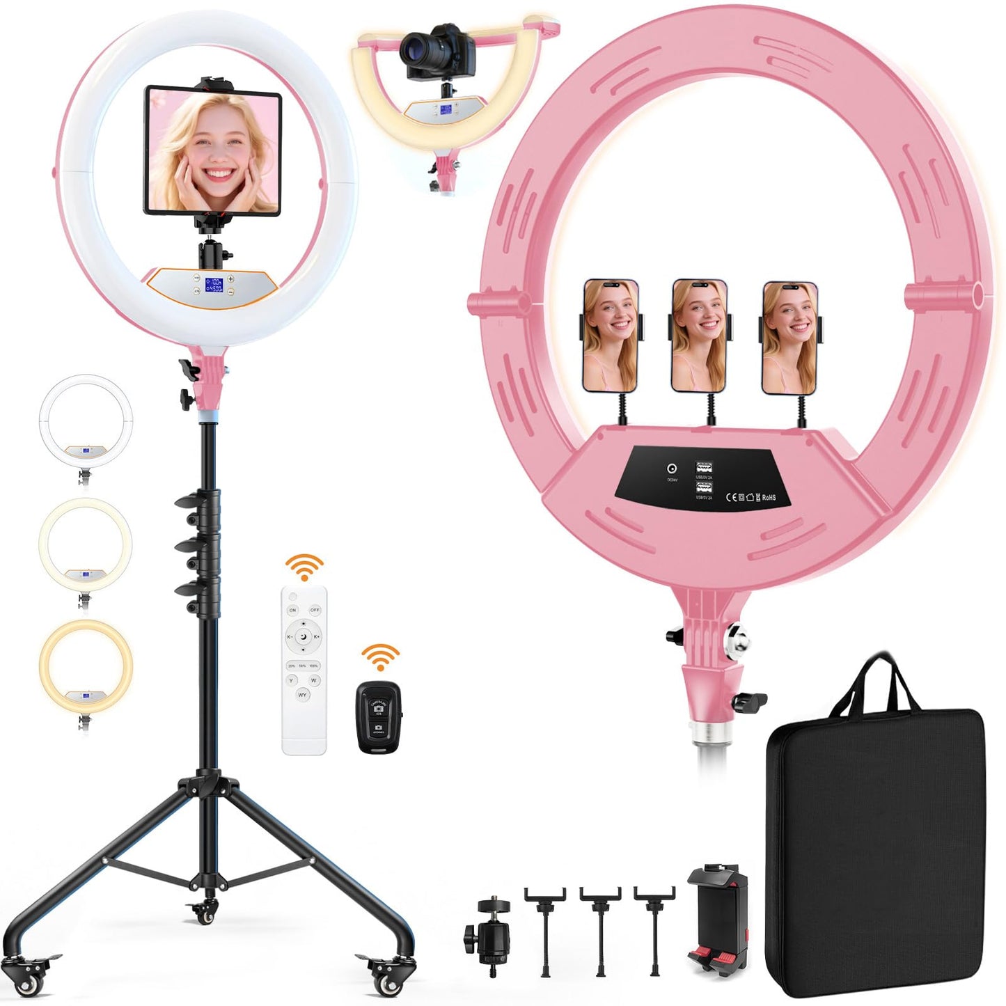 18" Foldable Ring Light with Stand for iPhone ipad Camera, 75" Tripod with Wheels 38W 6500K LED Display/Remote/2 USB Ports Large Big Ringlight Rolling for YouTube Facebook TikTok Live Video Recording