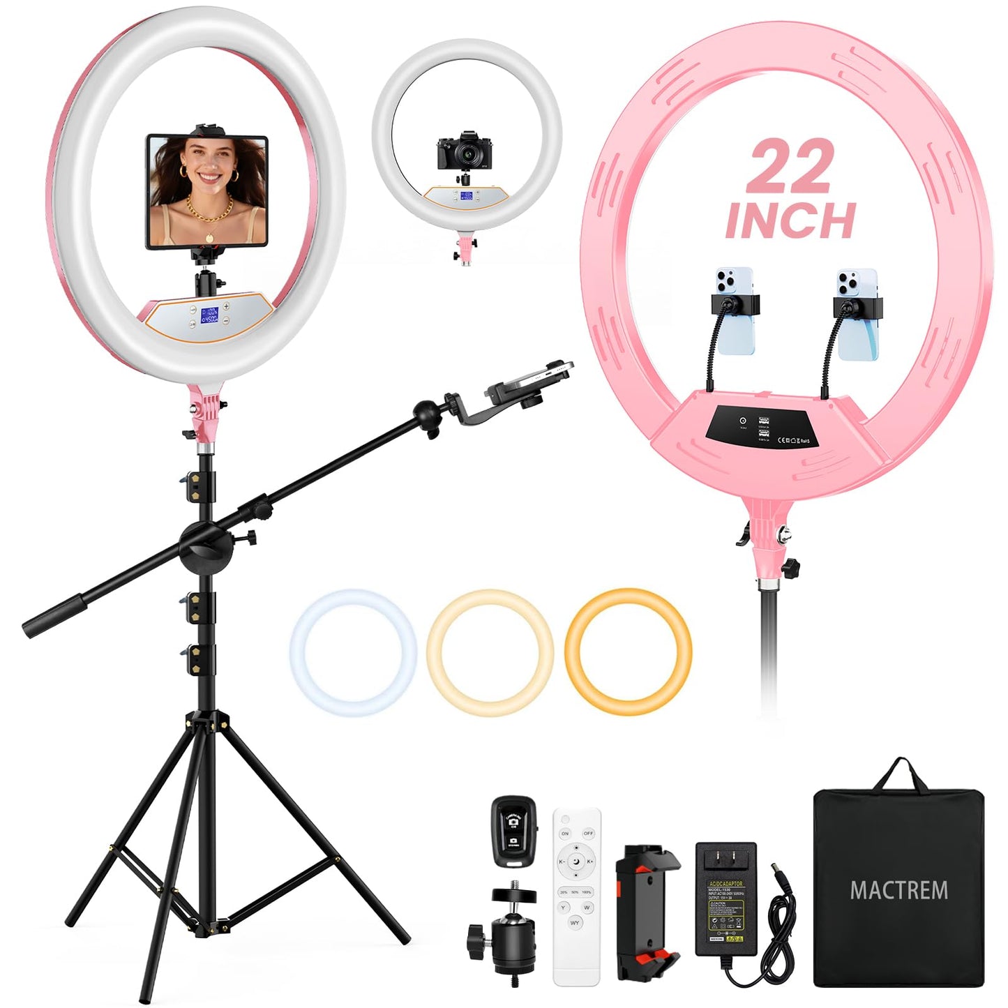 18" Foldable Ring Light with Stand for iPhone ipad Camera, 75" Tripod with Wheels 38W 6500K LED Display/Remote/2 USB Ports Large Big Ringlight Rolling for YouTube Facebook TikTok Live Video Recording
