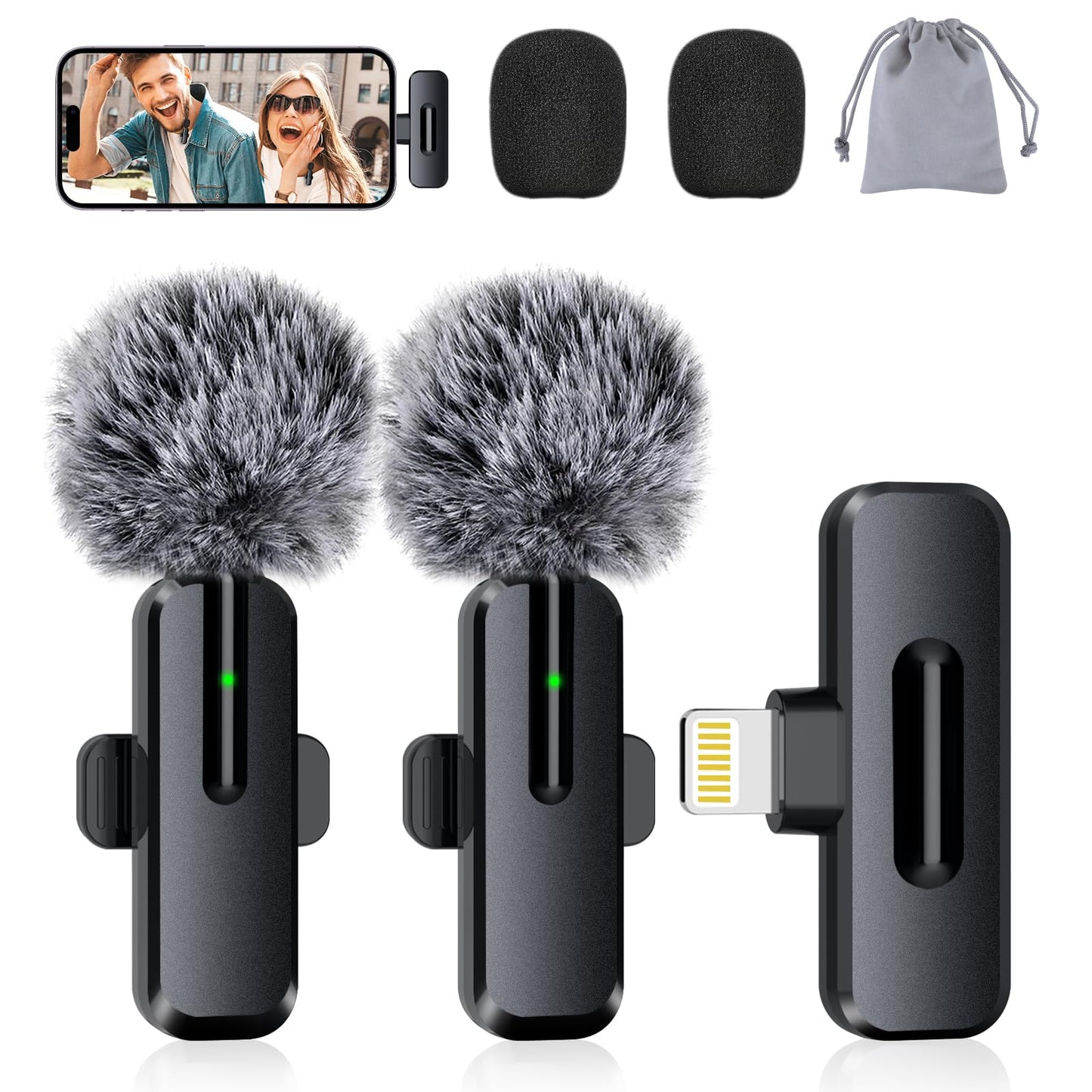 Wireless Mini Microphone for iPhone - 2 Pack Lavalier Bluetooth Microphone for Video Recording, 2 in 1 Noise Reduction Lapel Mic for Ipad, Android,Clip-on Mini Mic for Content Creators Podcast