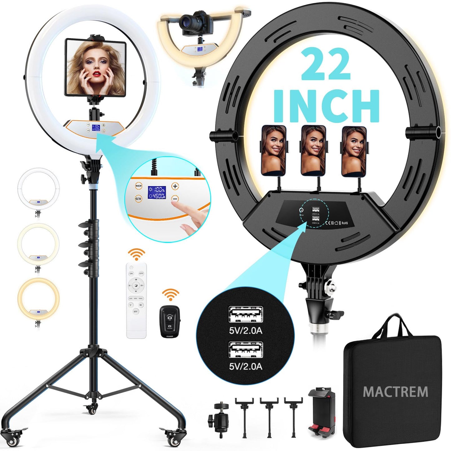 18" Foldable Ring Light with Stand for iPhone ipad Camera, 75" Tripod with Wheels 38W 6500K LED Display/Remote/2 USB Ports Large Big Ringlight Rolling for YouTube Facebook TikTok Live Video Recording