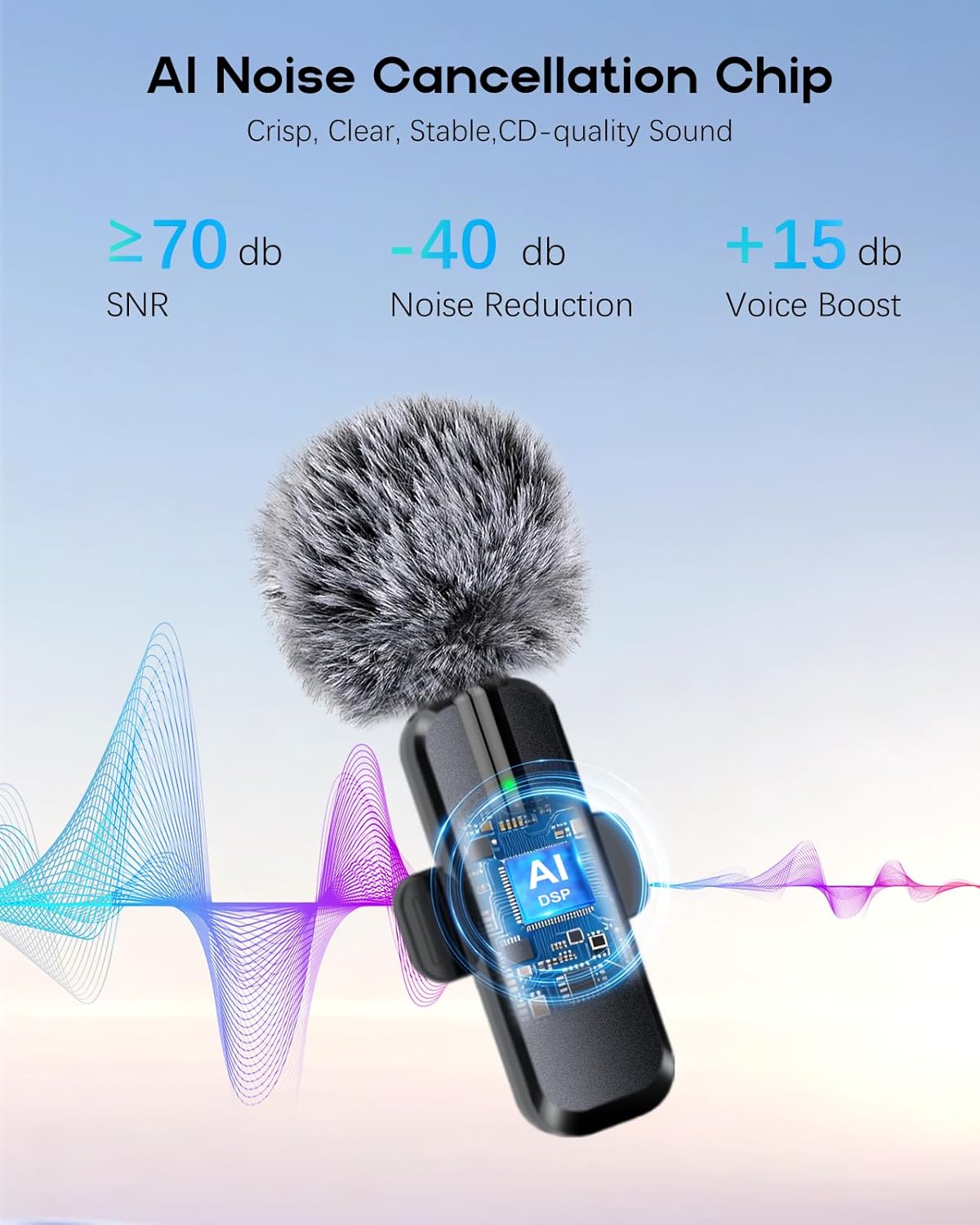 Wireless Mini Microphone for iPhone - 2 Pack Lavalier Bluetooth Microphone for Video Recording, 2 in 1 Noise Reduction Lapel Mic for Ipad, Android,Clip-on Mini Mic for Content Creators Podcast