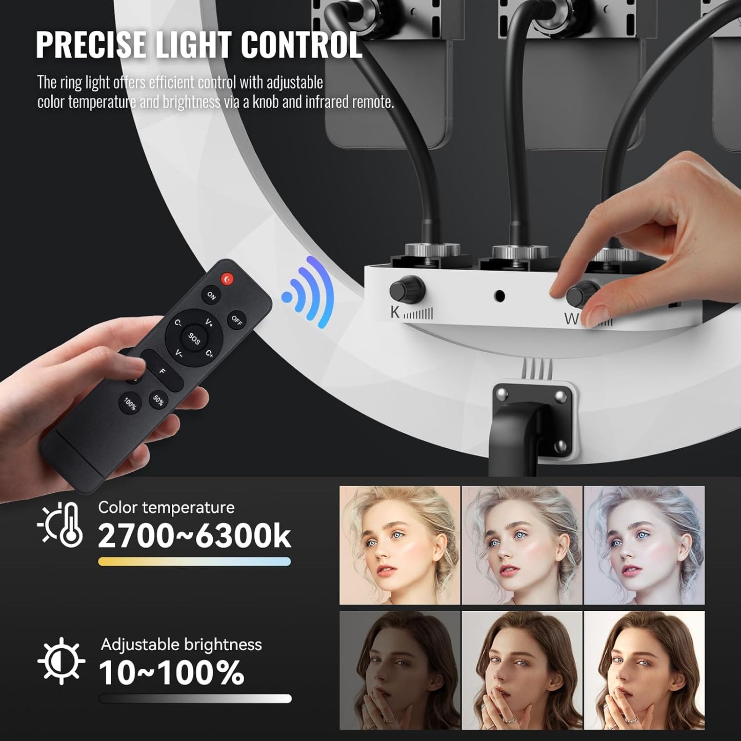Ring Light with Stand, 19in LED Selfie Circle Light, Max 8ft/2.5m Tripod Stand, 3 Holders for iPhone, Remote Control, 6300K Color Temperature for Live Streaming, Barber, Makeup, YouTube, Tiktok