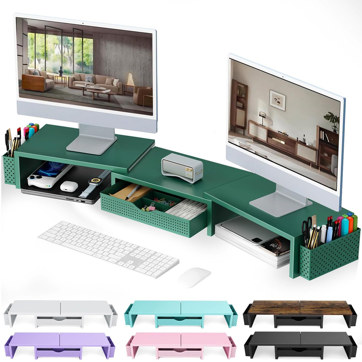 gianotter Dual Monitor Stand Riser, Desk Organizer With Drawer and 2 Pen Holders, Computer Monitor Stand, Shelf for Top of Desk, Black