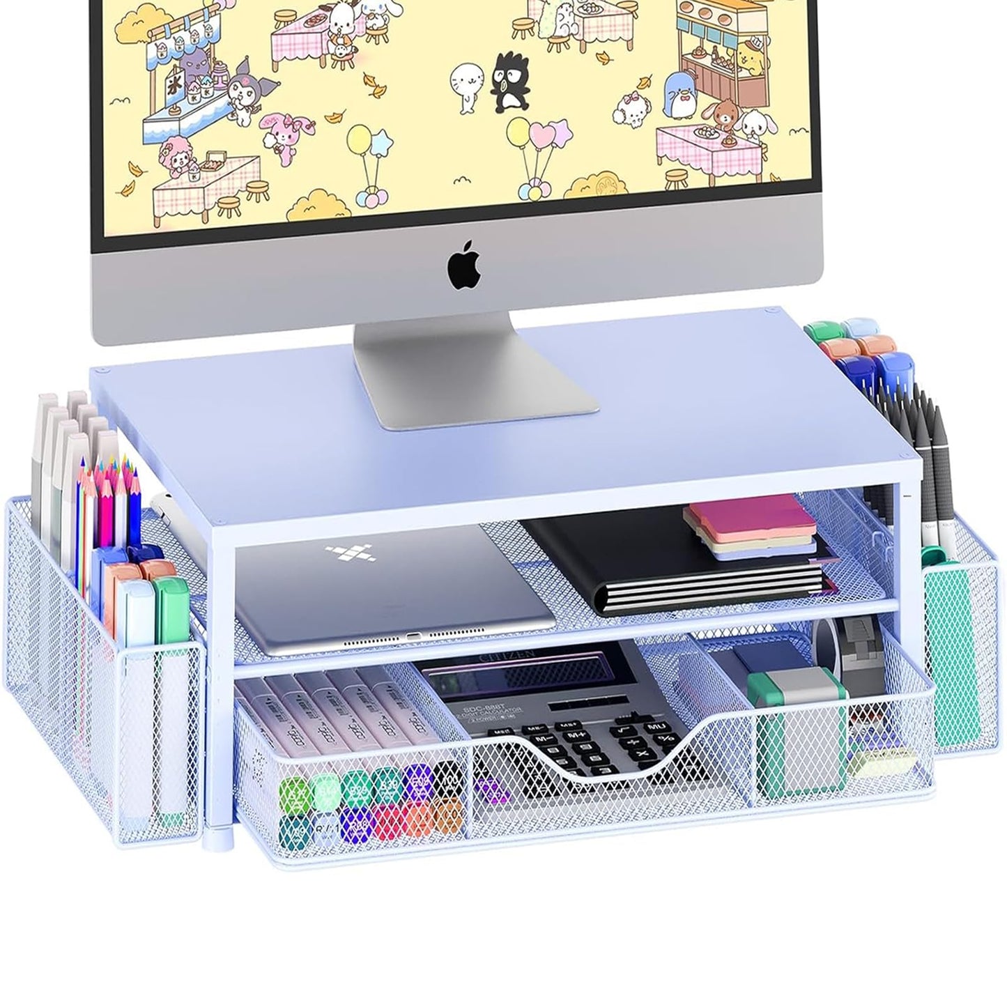 Desk Organizer and Accessories, 2-Tier Computer Monitor Stand Riser with Drawer and 2 Pen Holders, Laptop Stand, Office Desk Accessories for Office Supplies, Black
