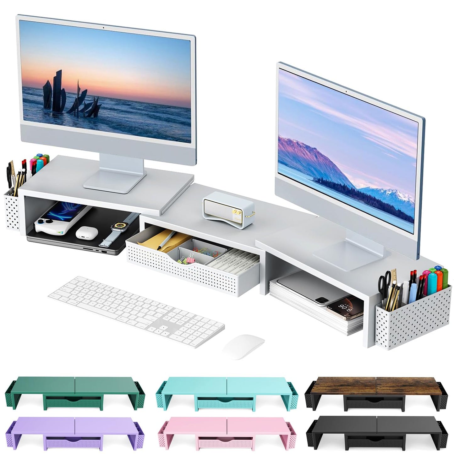 gianotter Dual Monitor Stand Riser, Desk Organizer With Drawer and 2 Pen Holders, Computer Monitor Stand, Shelf for Top of Desk, Black