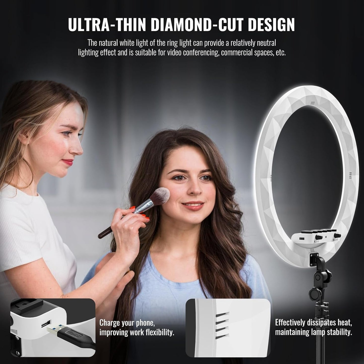 Ring Light with Stand, 19in LED Selfie Circle Light, Max 8ft/2.5m Tripod Stand, 3 Holders for iPhone, Remote Control, 6300K Color Temperature for Live Streaming, Barber, Makeup, YouTube, Tiktok