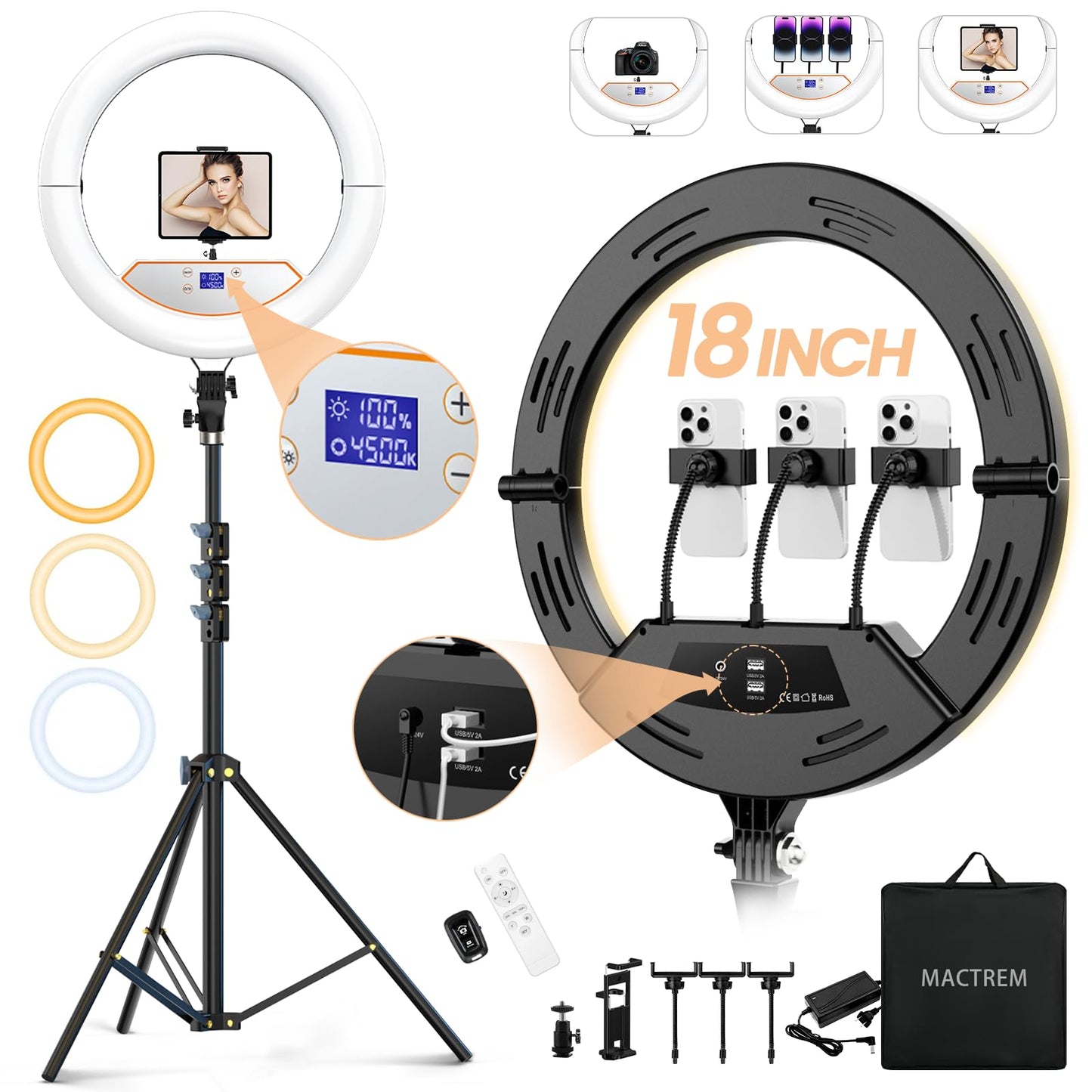 18" Foldable Ring Light with Stand for iPhone ipad Camera, 75" Tripod with Wheels 38W 6500K LED Display/Remote/2 USB Ports Large Big Ringlight Rolling for YouTube Facebook TikTok Live Video Recording