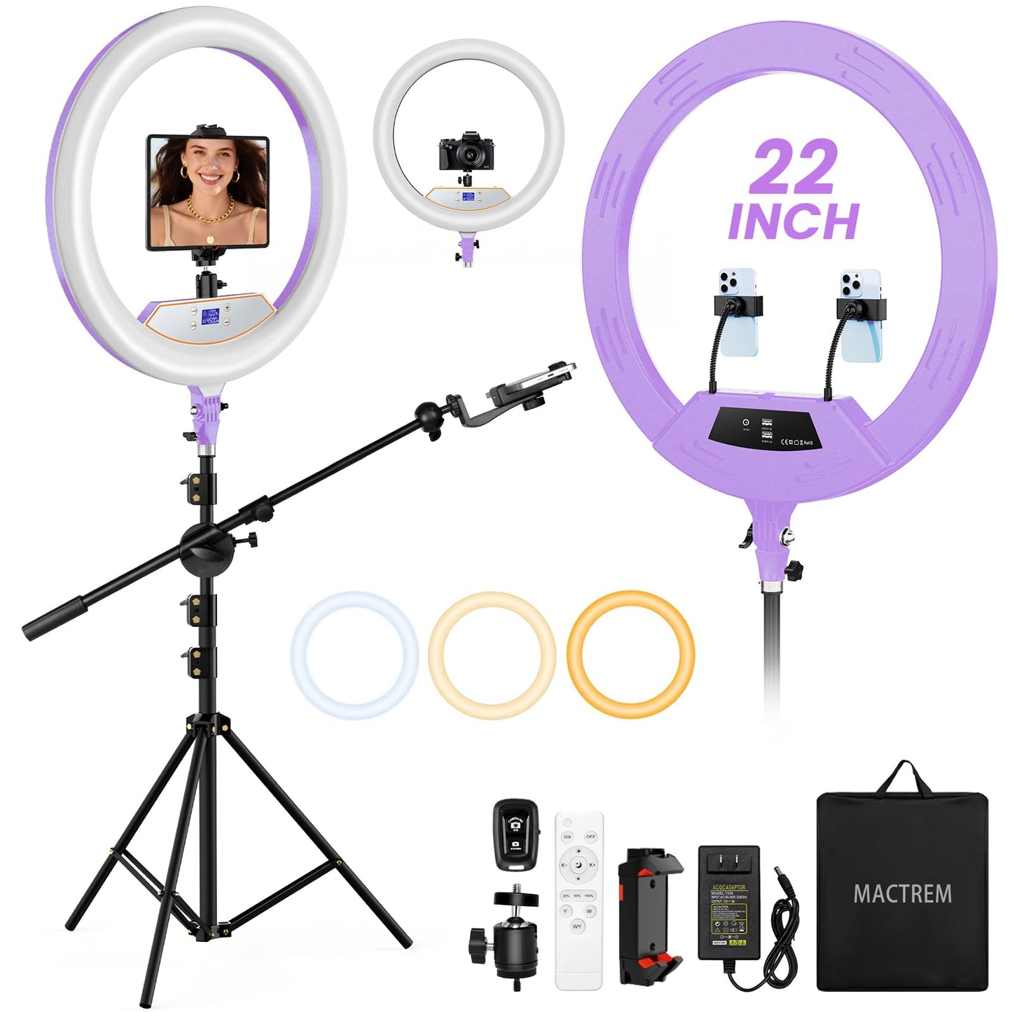 18" Foldable Ring Light with Stand for iPhone ipad Camera, 75" Tripod with Wheels 38W 6500K LED Display/Remote/2 USB Ports Large Big Ringlight Rolling for YouTube Facebook TikTok Live Video Recording