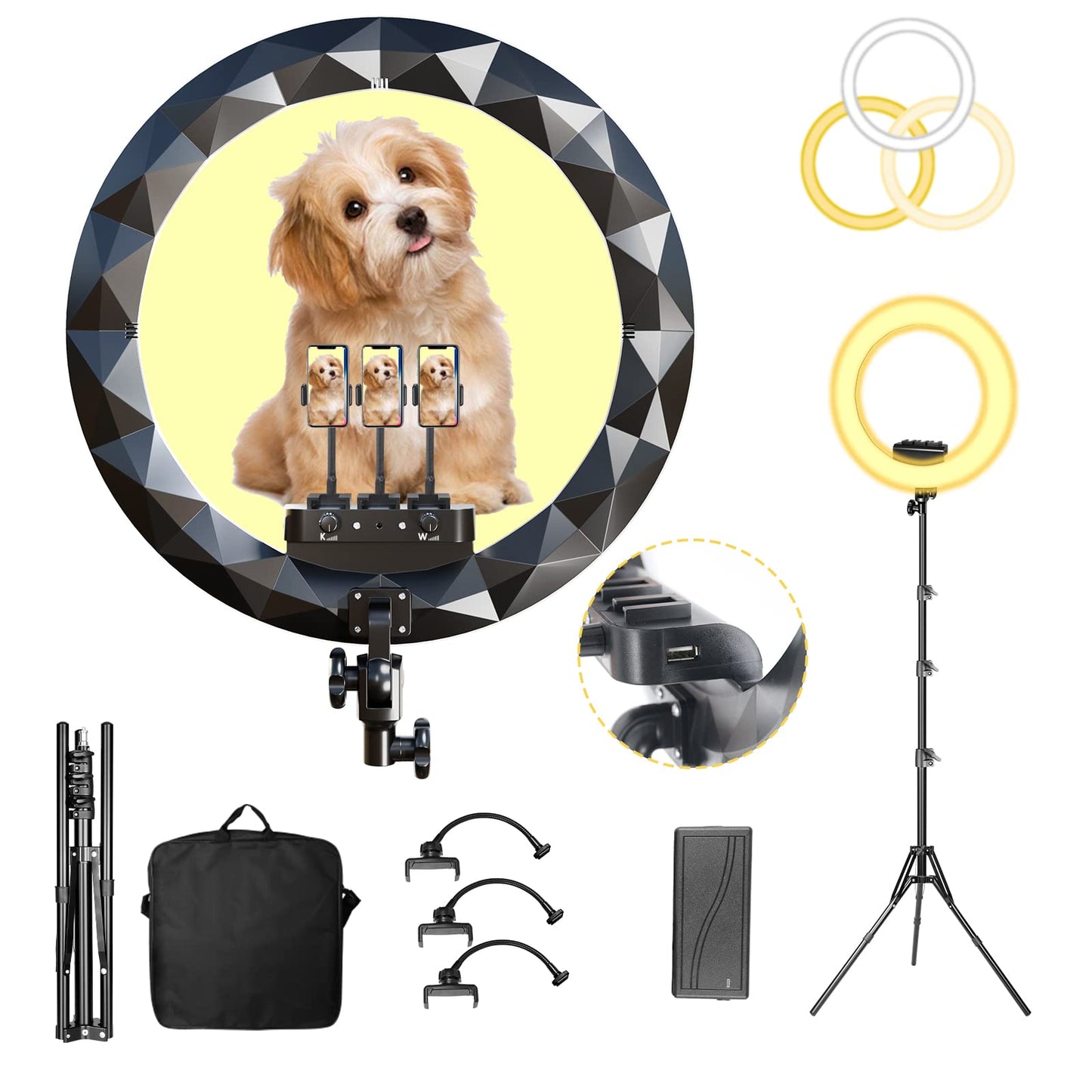 Ring Light with Stand, 19in LED Selfie Circle Light, Max 8ft/2.5m Tripod Stand, 3 Holders for iPhone, Remote Control, 6300K Color Temperature for Live Streaming, Barber, Makeup, YouTube, Tiktok