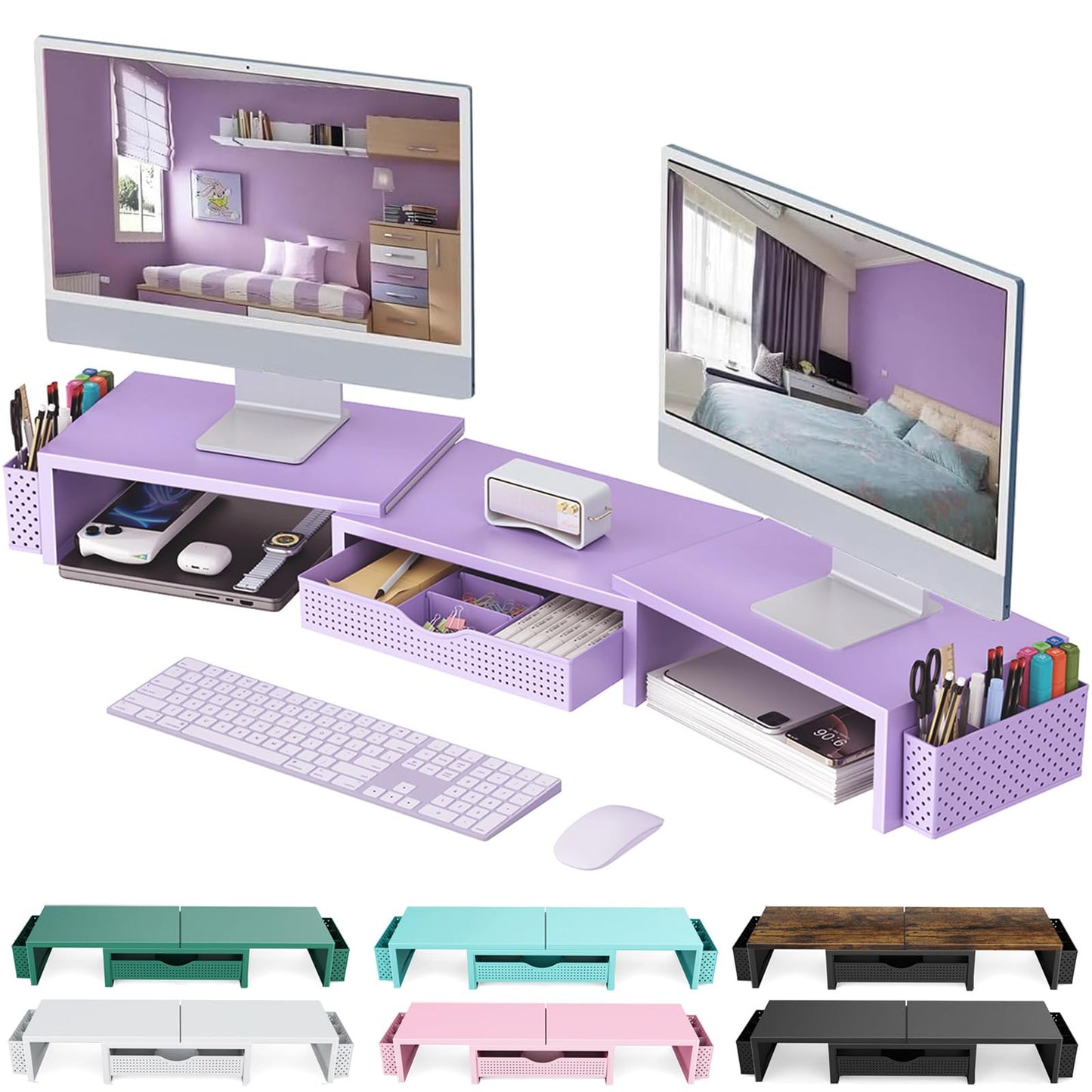 gianotter Dual Monitor Stand Riser, Desk Organizer With Drawer and 2 Pen Holders, Computer Monitor Stand, Shelf for Top of Desk, Black