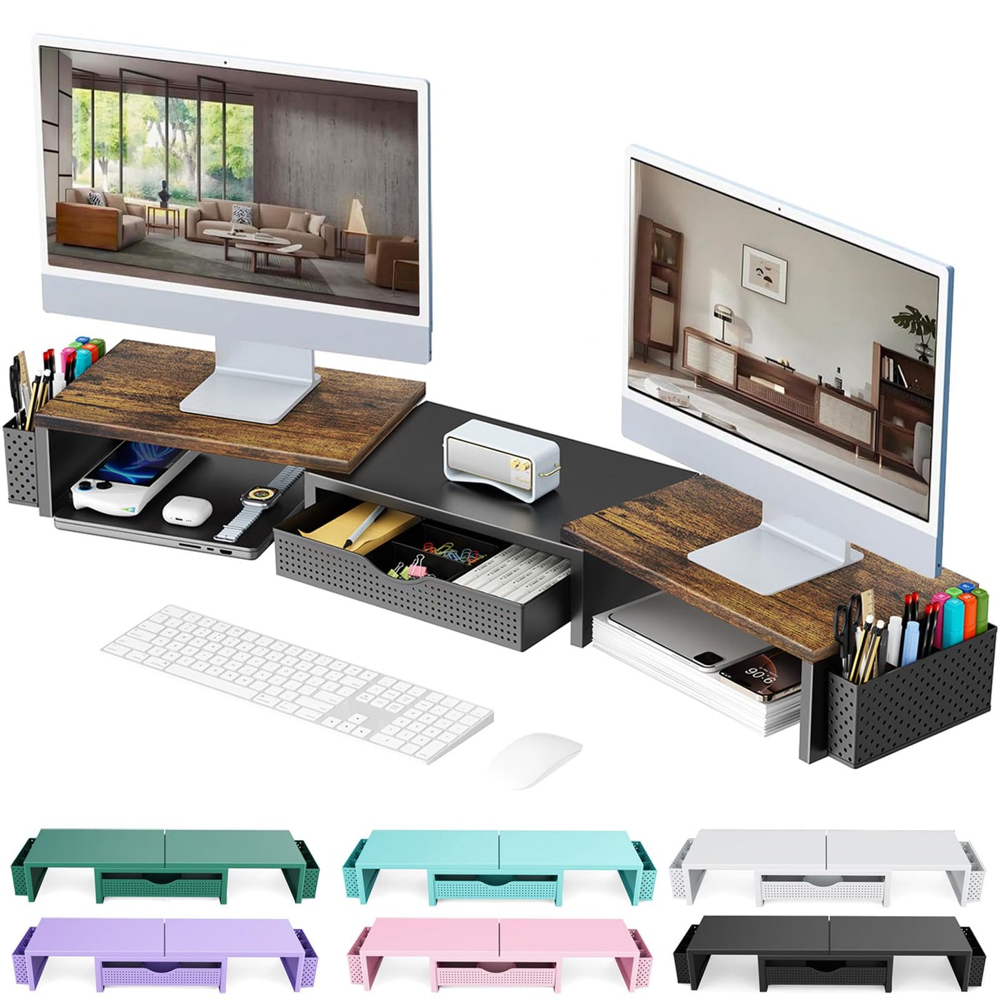 gianotter Dual Monitor Stand Riser, Desk Organizer With Drawer and 2 Pen Holders, Computer Monitor Stand, Shelf for Top of Desk, Black