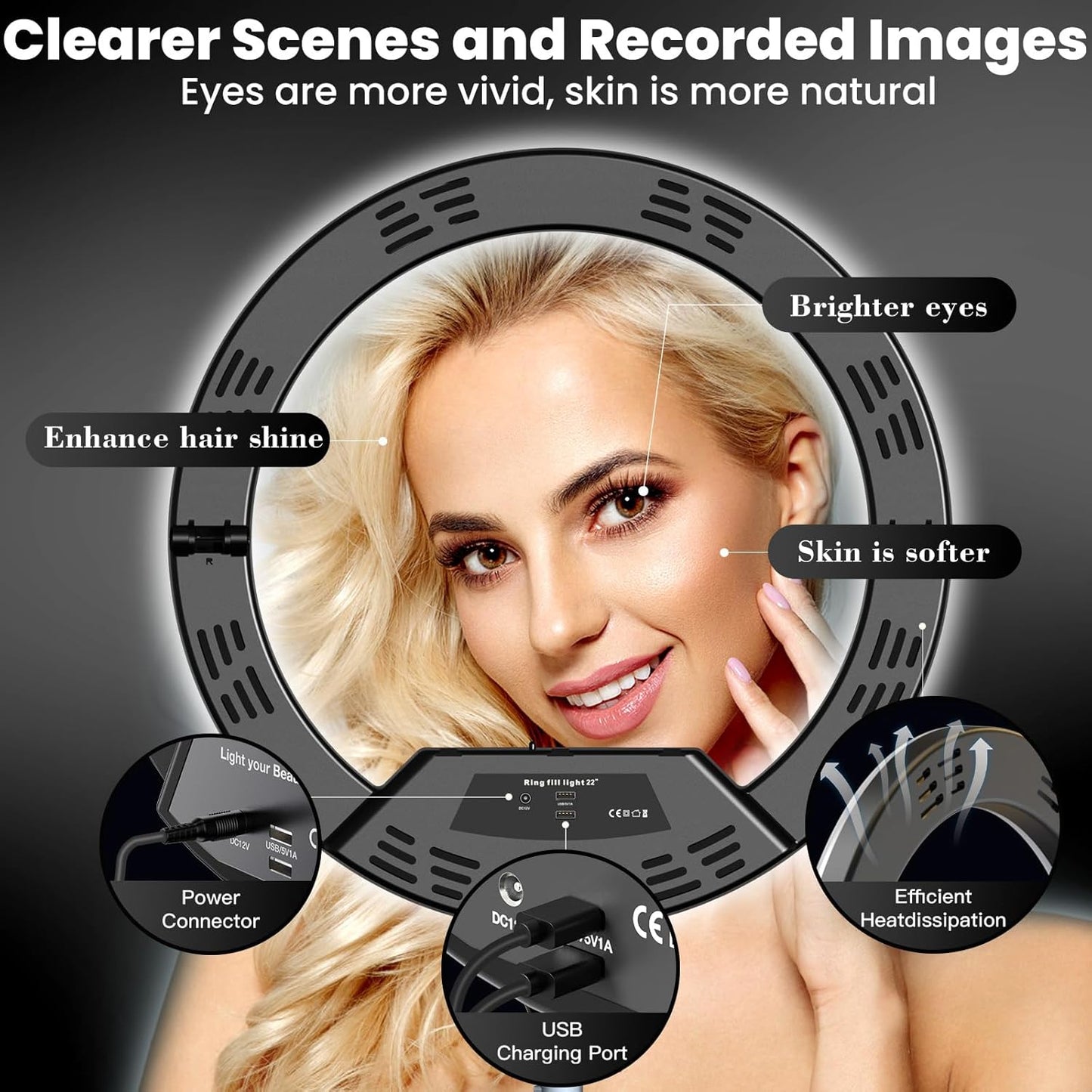 18" Foldable Ring Light with Stand for iPhone ipad Camera, 75" Tripod with Wheels 38W 6500K LED Display/Remote/2 USB Ports Large Big Ringlight Rolling for YouTube Facebook TikTok Live Video Recording