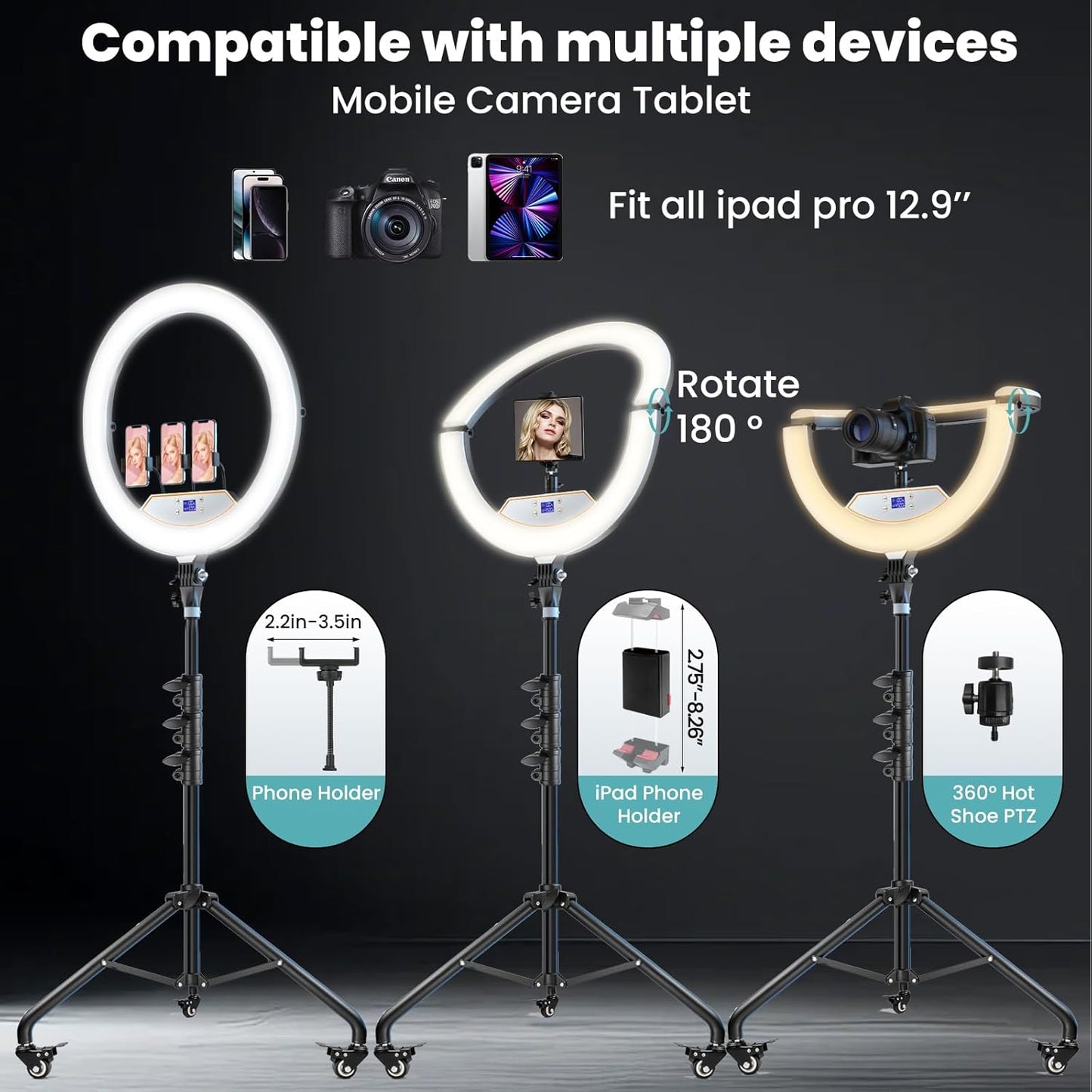 18" Foldable Ring Light with Stand for iPhone ipad Camera, 75" Tripod with Wheels 38W 6500K LED Display/Remote/2 USB Ports Large Big Ringlight Rolling for YouTube Facebook TikTok Live Video Recording