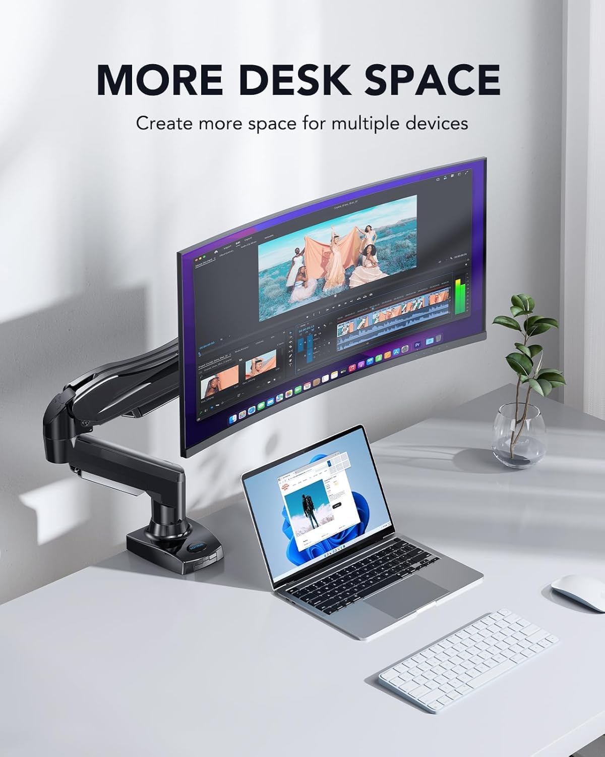 HUANUO Single Monitor Mount, 13 to 32 Inch Pneumatic Spring Monitor Arm, Adjustable Monitor Stand, Vesa Mount with Clamp and Grommet Base - Fits 4.4 to 19.8lbs LCD Computer Monitors