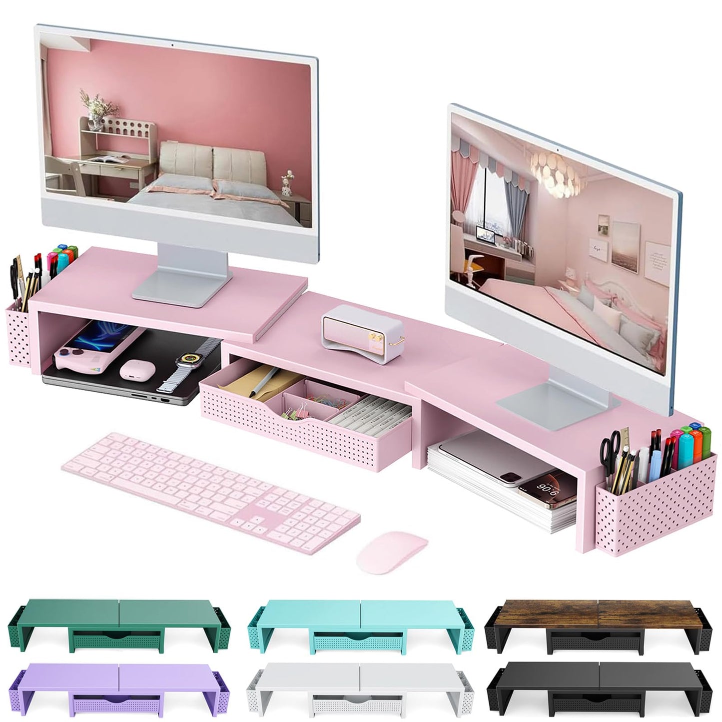 gianotter Dual Monitor Stand Riser, Desk Organizer With Drawer and 2 Pen Holders, Computer Monitor Stand, Shelf for Top of Desk, Black