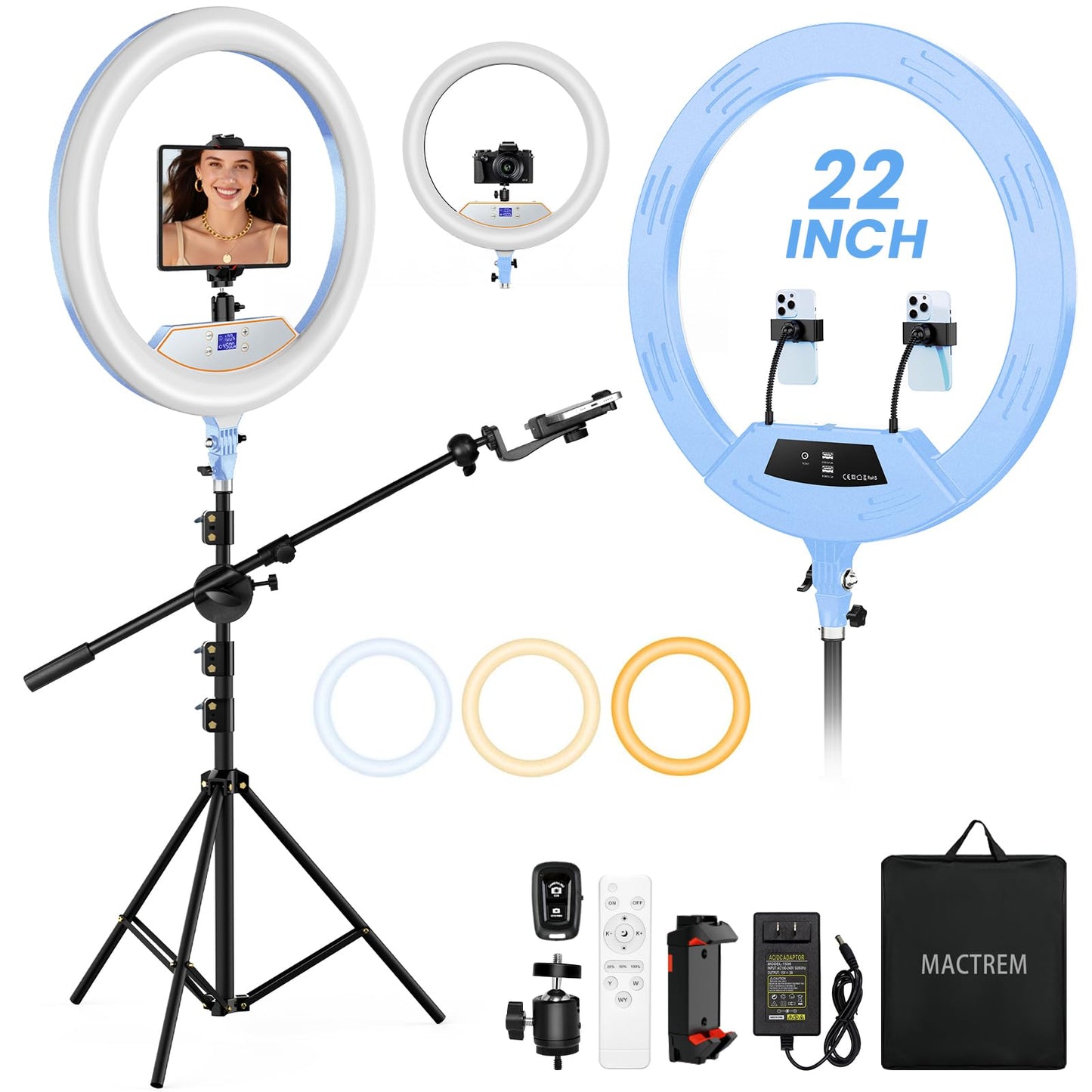 18" Foldable Ring Light with Stand for iPhone ipad Camera, 75" Tripod with Wheels 38W 6500K LED Display/Remote/2 USB Ports Large Big Ringlight Rolling for YouTube Facebook TikTok Live Video Recording