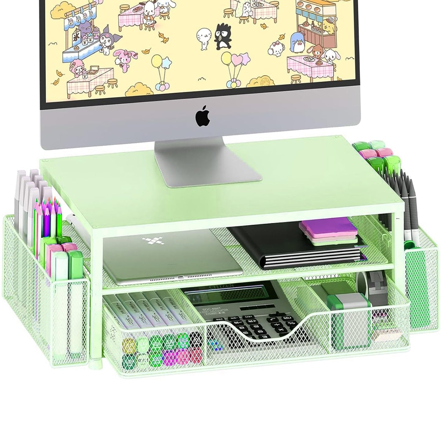 Desk Organizer and Accessories, 2-Tier Computer Monitor Stand Riser with Drawer and 2 Pen Holders, Laptop Stand, Office Desk Accessories for Office Supplies, Black