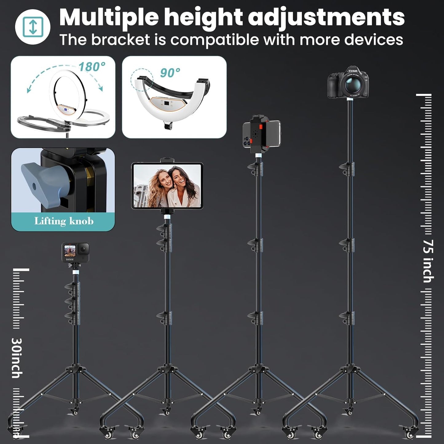18" Foldable Ring Light with Stand for iPhone ipad Camera, 75" Tripod with Wheels 38W 6500K LED Display/Remote/2 USB Ports Large Big Ringlight Rolling for YouTube Facebook TikTok Live Video Recording