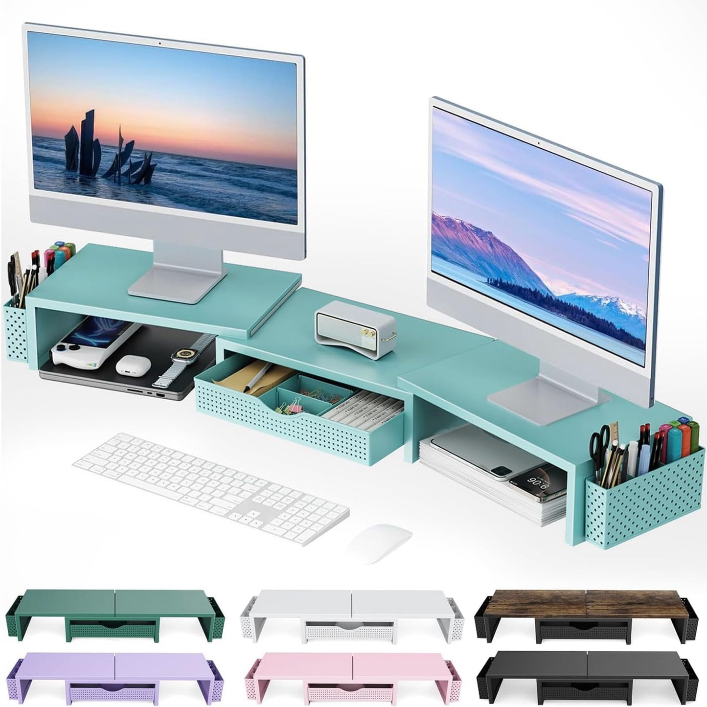 gianotter Dual Monitor Stand Riser, Desk Organizer With Drawer and 2 Pen Holders, Computer Monitor Stand, Shelf for Top of Desk, Black