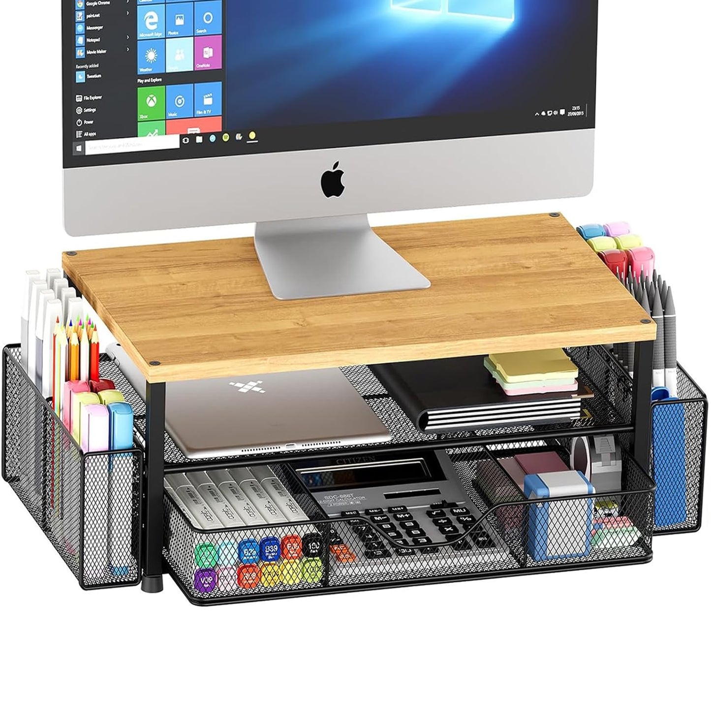 Desk Organizer and Accessories, 2-Tier Computer Monitor Stand Riser with Drawer and 2 Pen Holders, Laptop Stand, Office Desk Accessories for Office Supplies, Black