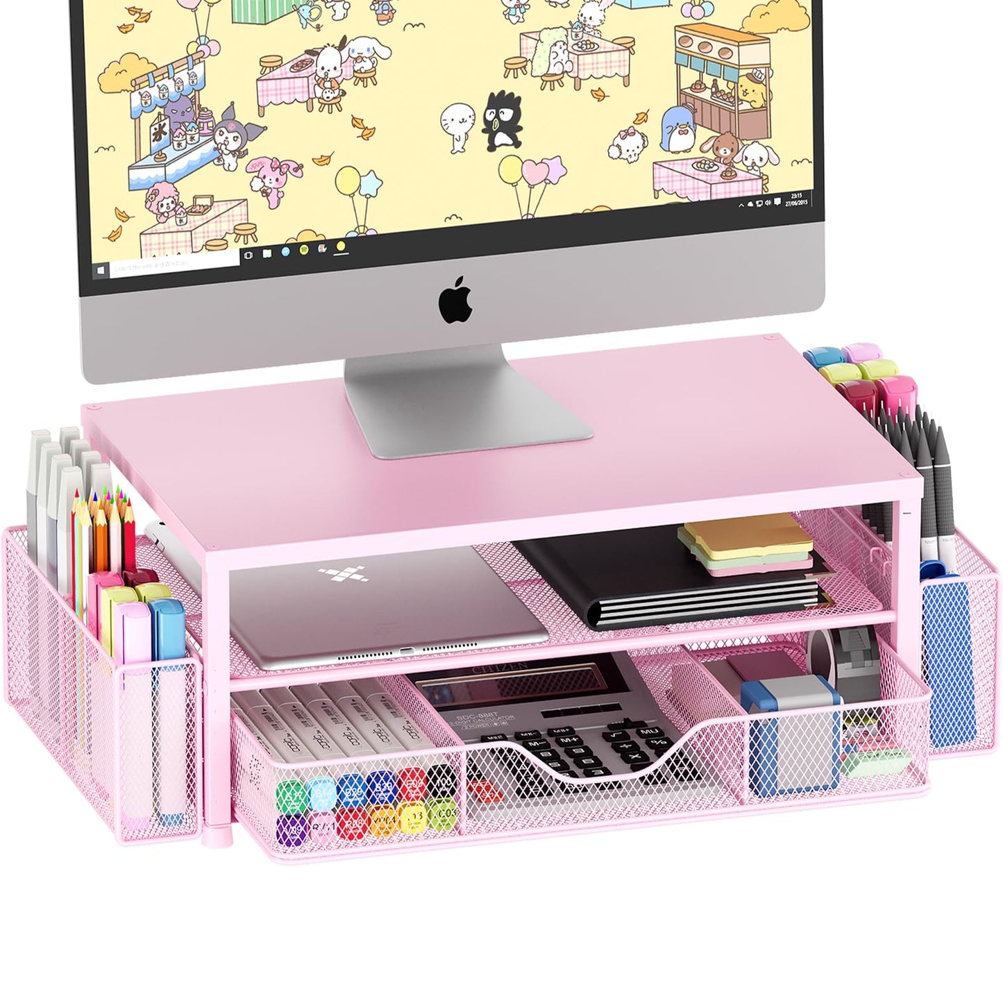 Desk Organizer and Accessories, 2-Tier Computer Monitor Stand Riser with Drawer and 2 Pen Holders, Laptop Stand, Office Desk Accessories for Office Supplies, Black