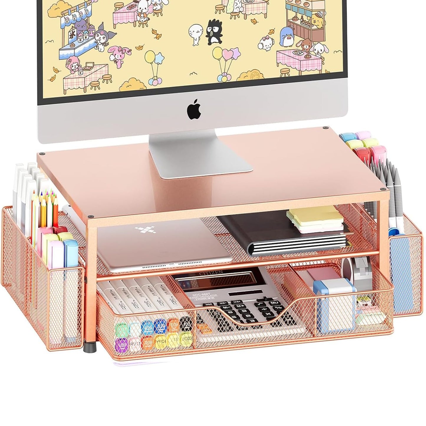 Desk Organizer and Accessories, 2-Tier Computer Monitor Stand Riser with Drawer and 2 Pen Holders, Laptop Stand, Office Desk Accessories for Office Supplies, Black