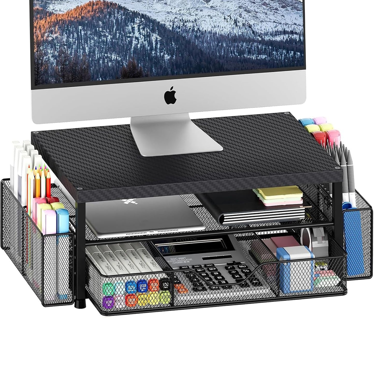 Desk Organizer and Accessories, 2-Tier Computer Monitor Stand Riser with Drawer and 2 Pen Holders, Laptop Stand, Office Desk Accessories for Office Supplies, Black