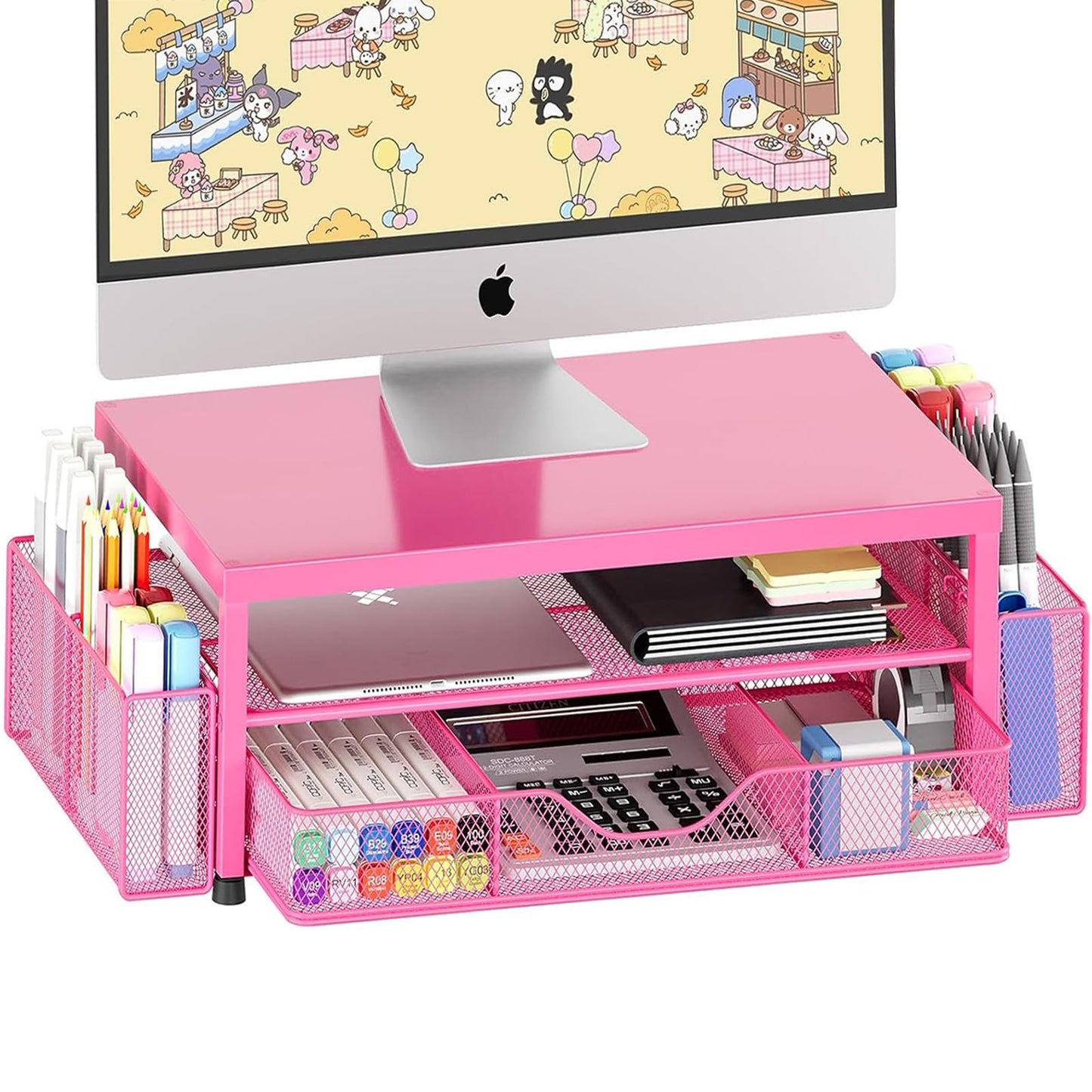 Desk Organizer and Accessories, 2-Tier Computer Monitor Stand Riser with Drawer and 2 Pen Holders, Laptop Stand, Office Desk Accessories for Office Supplies, Black