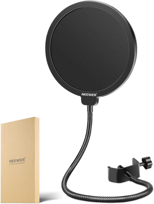 Neewer Professional Microphone Pop Filter Shield Compatible with Blue Yeti and Any Other Microphone, Dual Layered Wind Pop Screen With A Flexible 360 Degree Gooseneck Clip Stabilizing Arm