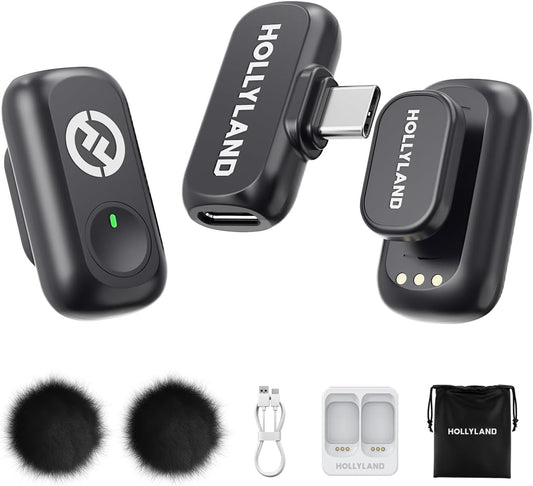 Hollyland Lark A1 Wireless Microphone for iPhone 15/16/17 & Android, 48kHz/24-bit, 3-Level Intelligent Noise Cancel, Magnetic Mini Mic for YouTube, Podcast, Vlogging (Black, 2TX + USB-C RX)