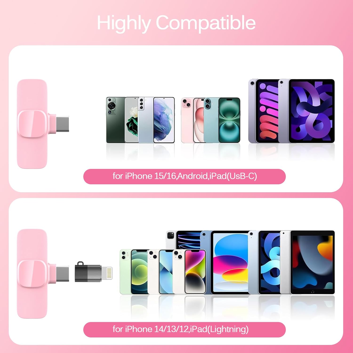 Pink Wireless Lavalier Microphone for iPhone & Android - Mini Clip-On Mic with Noise Cancellation, 65ft Range, 8H Battery, USB-C/Lightning - for TikTok, YouTube, Podcast, Live Streaming