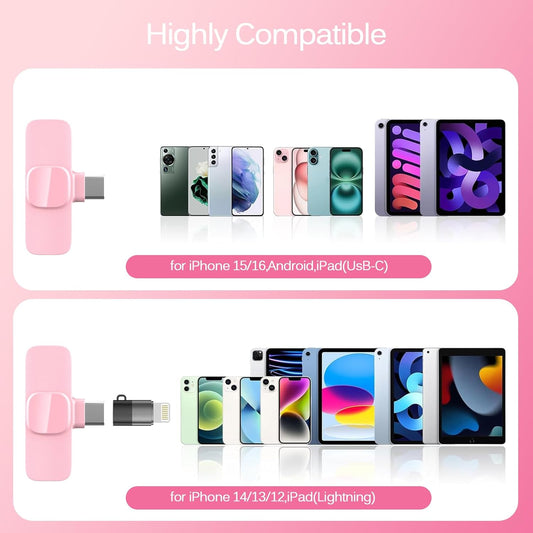 Pink Wireless Lavalier Microphone for iPhone & Android - Mini Clip-On Mic with Noise Cancellation, 65ft Range, 8H Battery, USB-C/Lightning - for TikTok, YouTube, Podcast, Live Streaming