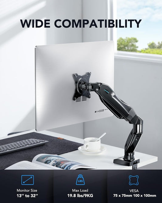 HUANUO Single Monitor Mount, 13 to 32 Inch Pneumatic Spring Monitor Arm, Adjustable Monitor Stand, Vesa Mount with Clamp and Grommet Base - Fits 4.4 to 19.8lbs LCD Computer Monitors