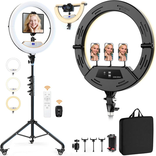 18" Foldable Ring Light with Stand for iPhone ipad Camera, 75" Tripod with Wheels 38W 6500K LED Display/Remote/2 USB Ports Large Big Ringlight Rolling for YouTube Facebook TikTok Live Video Recording