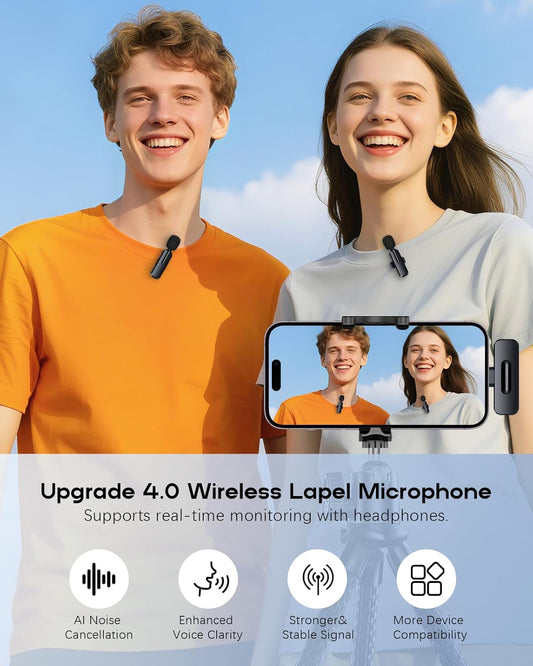 Wireless Mini Microphone for iPhone - 2 Pack Lavalier Bluetooth Microphone for Video Recording, 2 in 1 Noise Reduction Lapel Mic for Ipad, Android,Clip-on Mini Mic for Content Creators Podcast