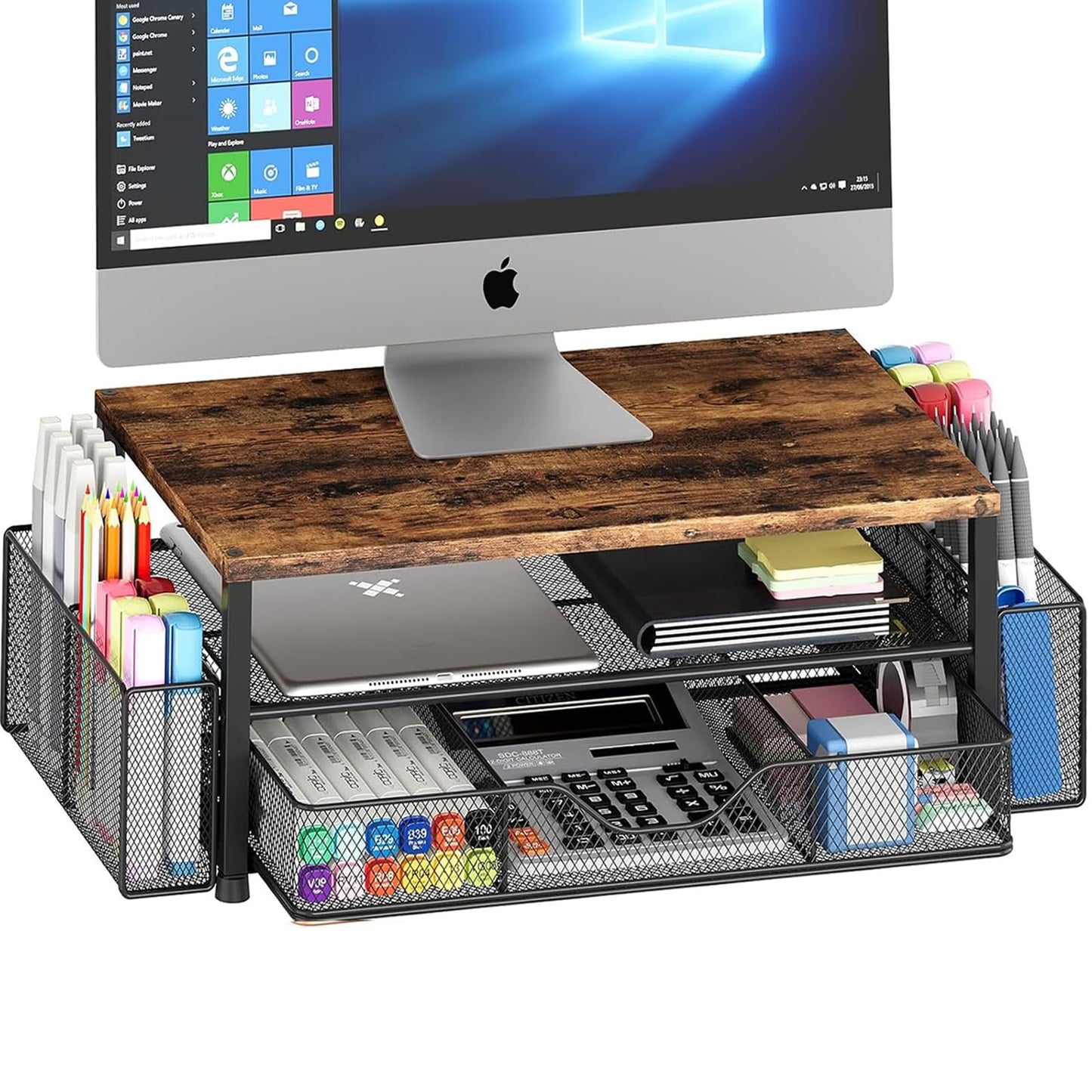 Desk Organizer and Accessories, 2-Tier Computer Monitor Stand Riser with Drawer and 2 Pen Holders, Laptop Stand, Office Desk Accessories for Office Supplies, Black
